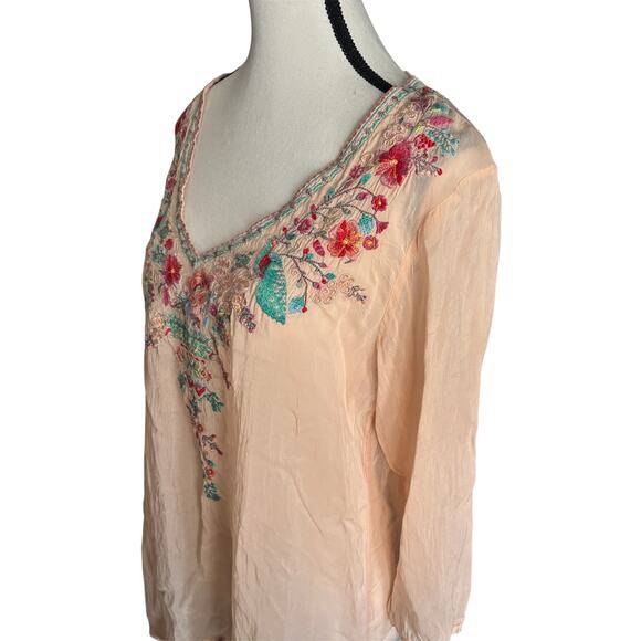 Johnny Was Embroidered Boho Tunic Top Medium Peach Floral Bird Cupra Rayon - Picture 6 of 11